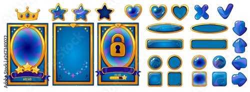 Level background card for mobile game ui design. Victory ribbon witch stars. Buttons set.