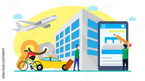 online hotel reservation creative illustration vector of graphic , small people online hotel reservation illustration vector , hotel reservation online vector , vector flat illustration