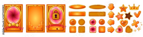 Level background card for mobile game ui design. Victory ribbon witch stars. Buttons set.