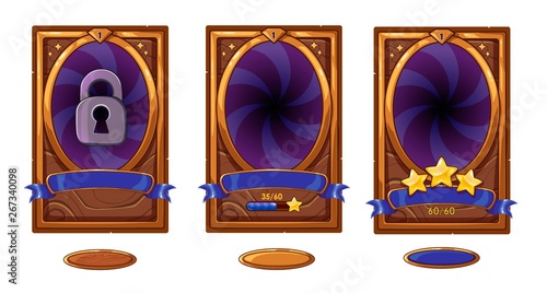 Level background card for mobile game ui design. Victory ribbon witch stars. Buttons set.