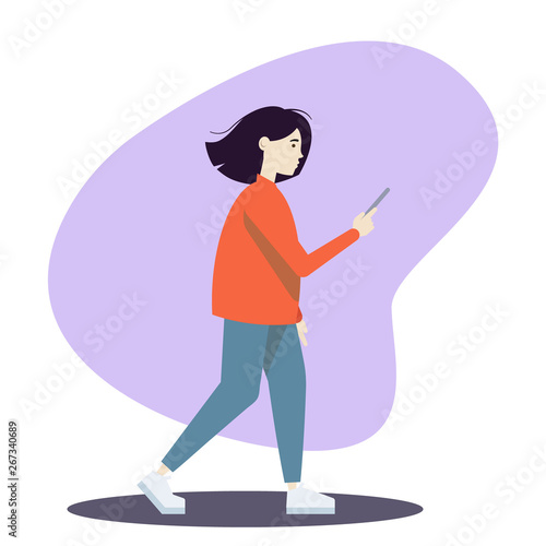 The girl goes and looks into the phone. Illustration in flat style