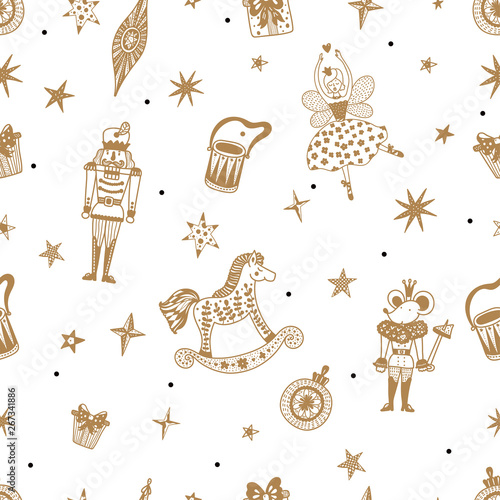 Gold Christmas vector seamless Nutcracker pattern.  Seamless pattern can be used for wallpaper, pattern fills, web page background, surface textures.