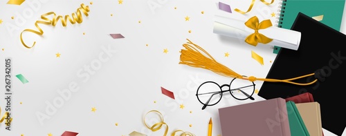 Graduation vector banner. Background Congrats graduates with objects viewed from above hat with degree paper, books, notebook and pencil, glasses, gold confetti, ribbons and stars.