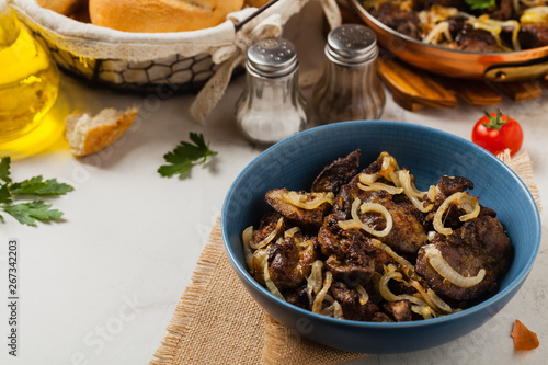 Fried chicken liver with onions.