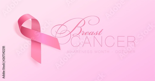 Breast Cancer Awareness Calligraphy Poster Design. Realistic Pink Ribbon. October is Cancer Awareness Month. Vector Illustration