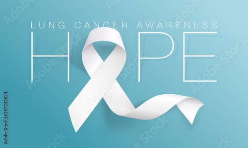 Lung Cancer Awareness Calligraphy Poster Design. Realistic White Ribbon. November is Cancer Awareness Month. Vector Illustration