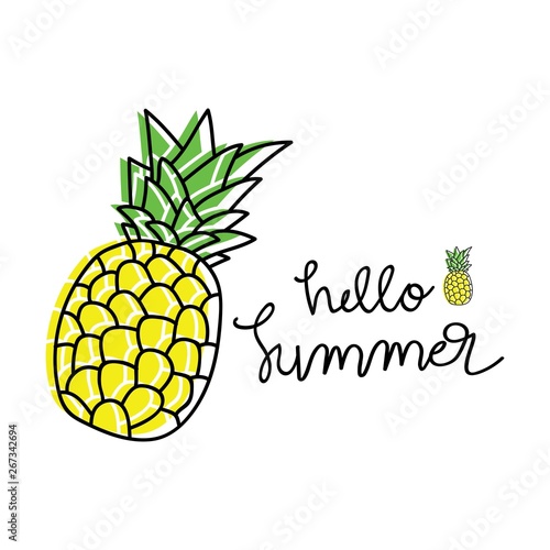Hello summer bright poster with pineapple and hand drawn lettering, vector illustration