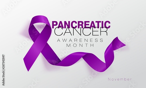 Pancreatic Cancer Awareness Calligraphy Poster Design. Realistic Purple Ribbon. November is Cancer Awareness Month. Vector Illustration