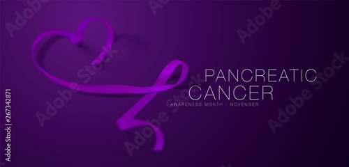 Pancreatic Cancer Awareness Calligraphy Poster Design. Realistic Purple Ribbon. November is Cancer Awareness Month. Vector Illustration