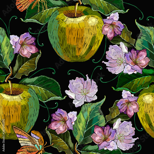Embroidery apples and butterfly seamless pattern. Fashion template for clothes, textiles and t-shirt design. Spring blossoming apple-tree tapestry art