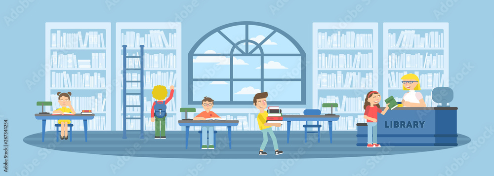 Children in library flat vector illustration