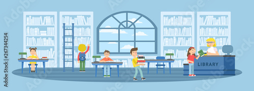 Children in library flat vector illustration