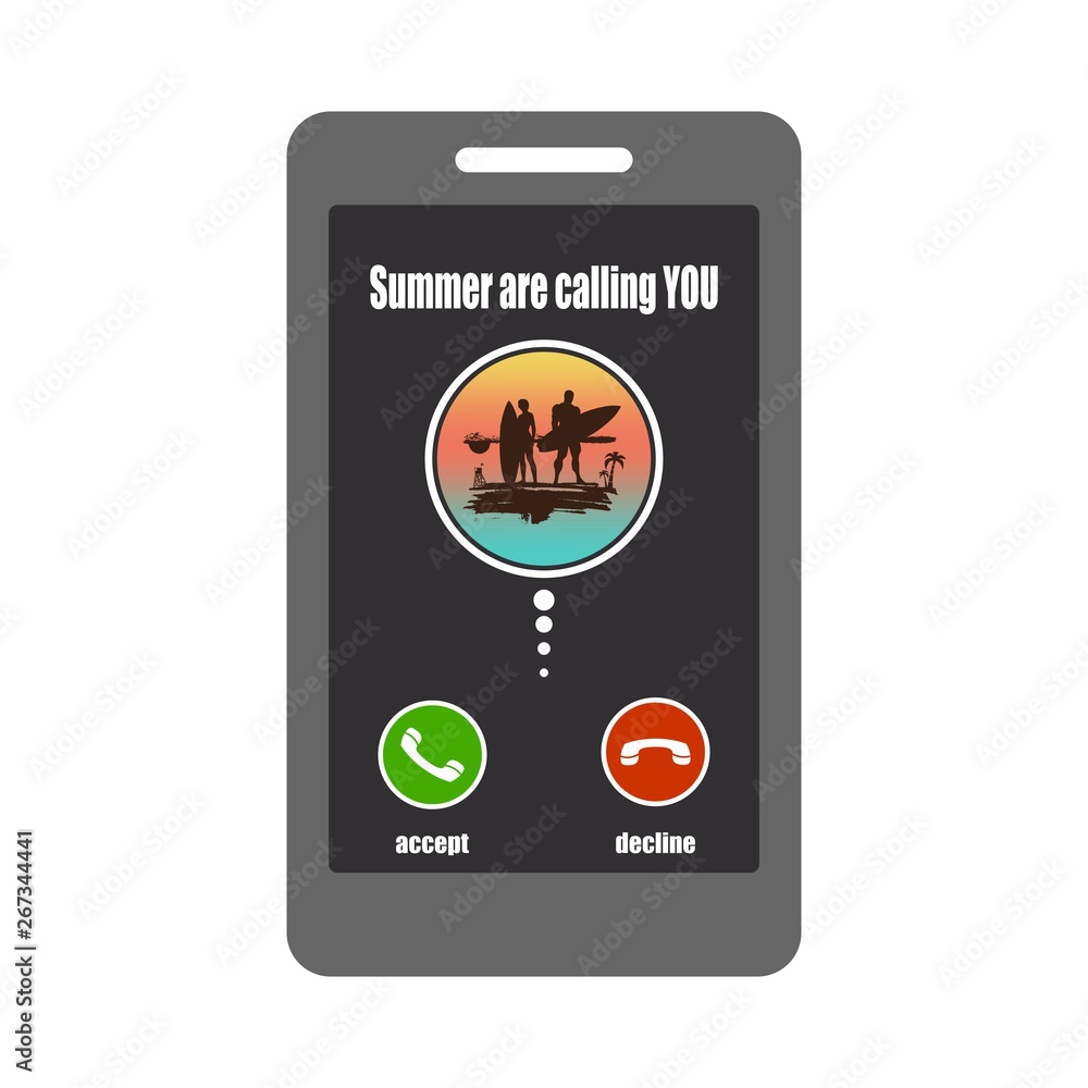 Smartphone with call screen. Ready for answer concept. Graphic elements for business. Woman and man posing with surfboard on grunge brush stroke. Palm and lifeguard tower. Tropical island landscape Smartphone with call screen. Ready for answer concept. Graphic elements for business. Woman and man posing with surfboard on grunge brush stroke. Palm and lifeguard tower. Tropical island landscape
