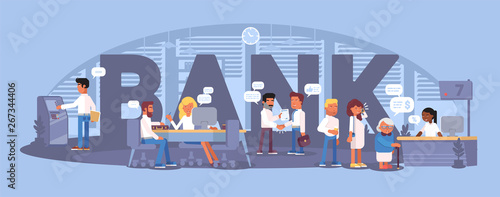 Bank word with interior panorama flat color design. Vector illustration.