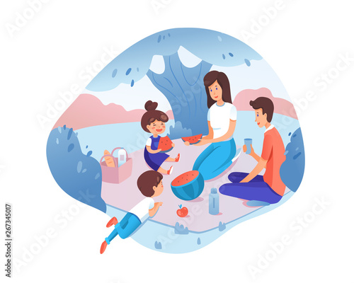 Happy family on picnic flat vector illustration
