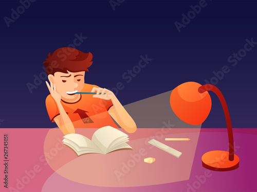 School boy doing homework flat vector illustration