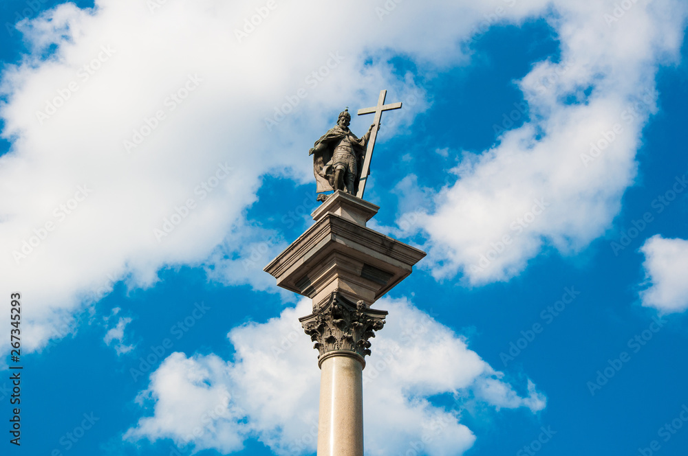 Warsaw Poland - May 2019: Old Town, Castle Square (Plac Zamkowy), Royal castle and King Sigmund's Column. Aerial view, blue sky Warsaw Poland - May 2019: Old Town, Castle Square (Plac Zamkowy), Royal castle and King Sigmund's Column. Aerial view, blue sky