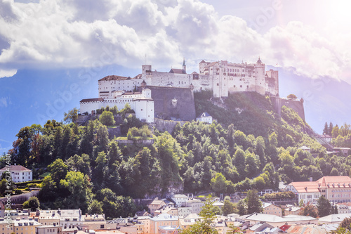 Salzburg: Fortress Hohensalzburg in summer time with sunlight