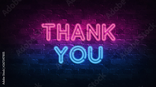 Thank you! neon sign. purple and blue glow. neon text. Brick wall lit by neon lamps. Night lighting on the wall. 3d illustration. Trendy Design. light banner, bright advertisement
