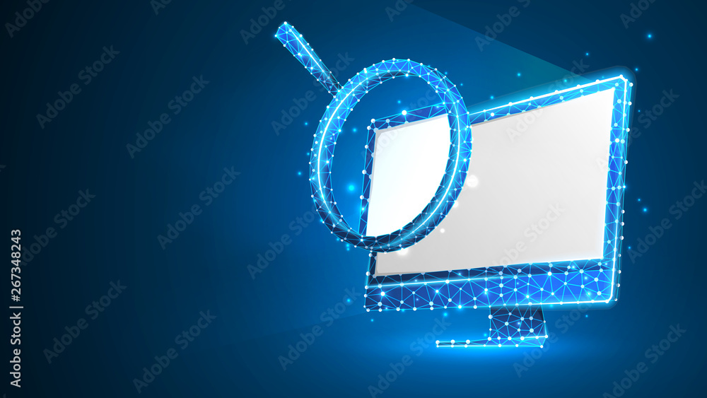 Magnifying glass on white computer monitor. Internet surfing, Analysis, Search symbol. Abstract digital wireframe, low poly mesh, polygonal vector blue neon 3d illustration. Triangle, line, dot