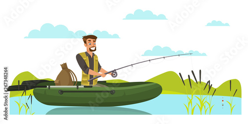 Man fishing in rubber boat vector illustration