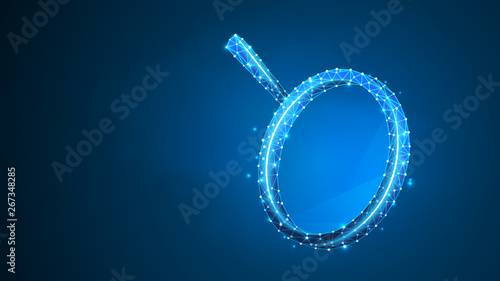 Magnifying glass. Analysis, Search symbol. Business, science, Internet surfing concept. Abstract, digital, wireframe, low poly mesh, vector blue neon 3d illustration. Triangle, line, dot, star