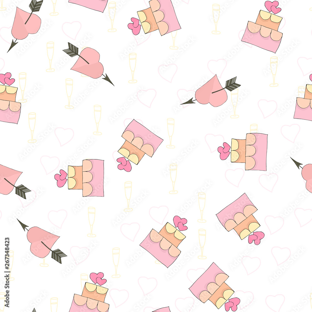Wedding seamless pattern background of simple elements. Doodle hand drawn illustration vector