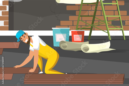 Construction worker puts laminate flat character
