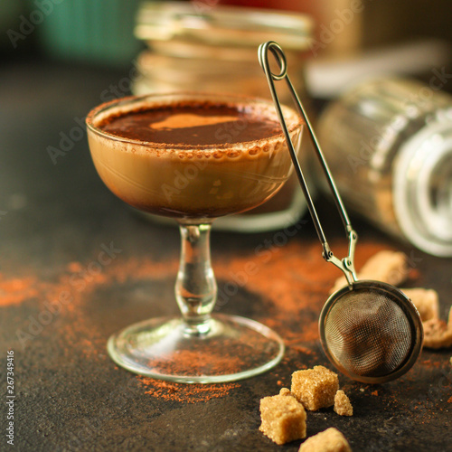 chocolate dessert (cocktail mousse) sweet food. food background. top