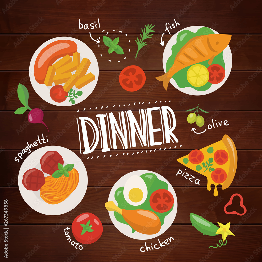 Naklejka premium Dinner vector food design poster with different dishes