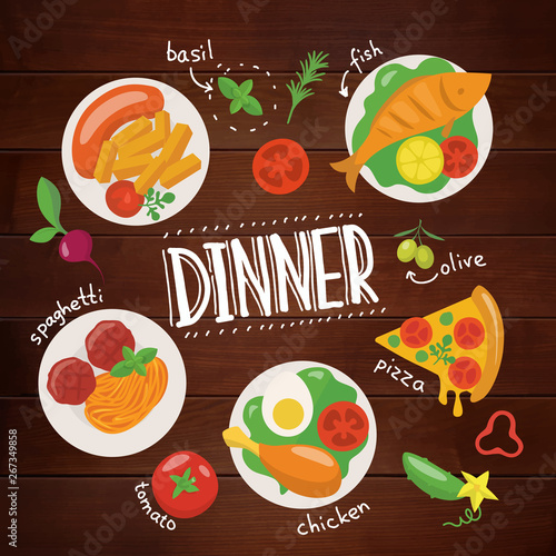 Dinner vector food design poster with different dishes