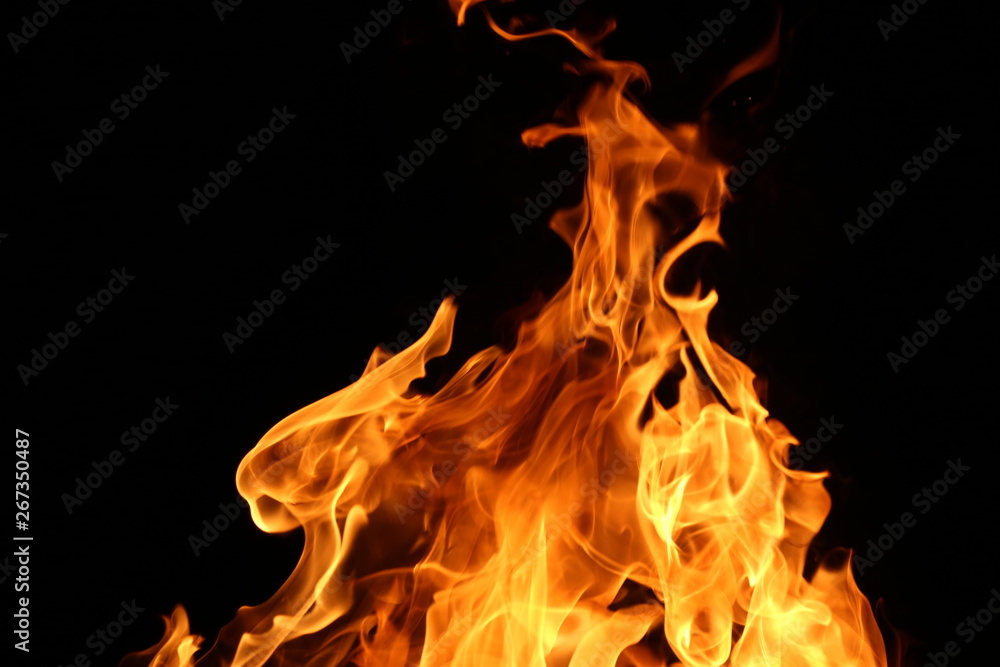 Closeup of a large fire. Wooden planks to the fire. The fire is lit in the night. Closeup of a large fire. Wooden planks to the fire. The fire is lit in the night.