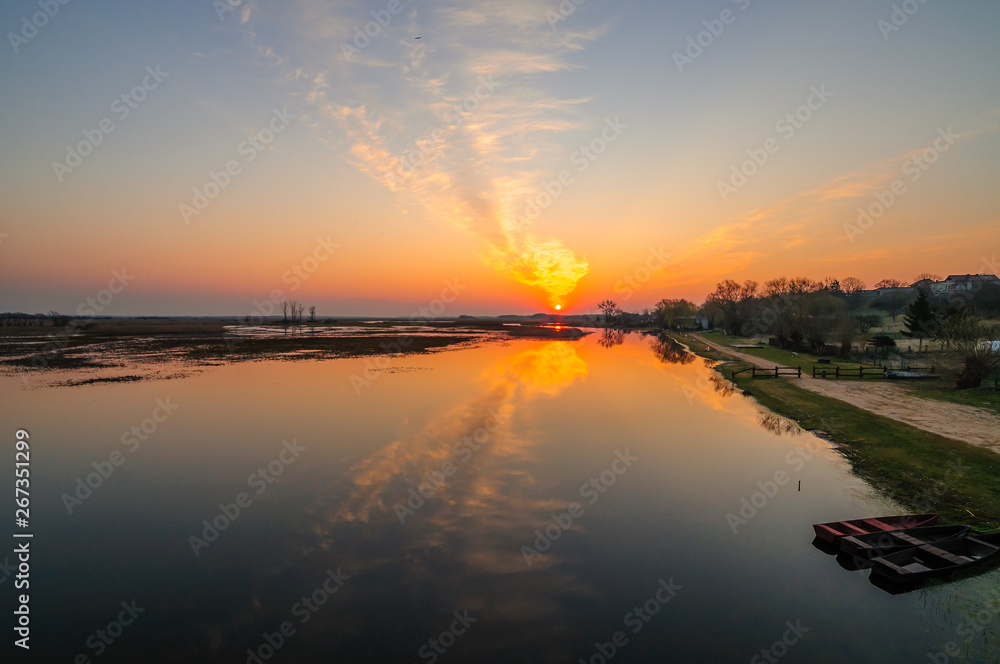 Biebrza Valley (Poland). Sunset over the meadows.