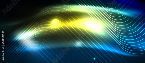 Neon glowing techno lines  hi-tech futuristic abstract background template with square shapes