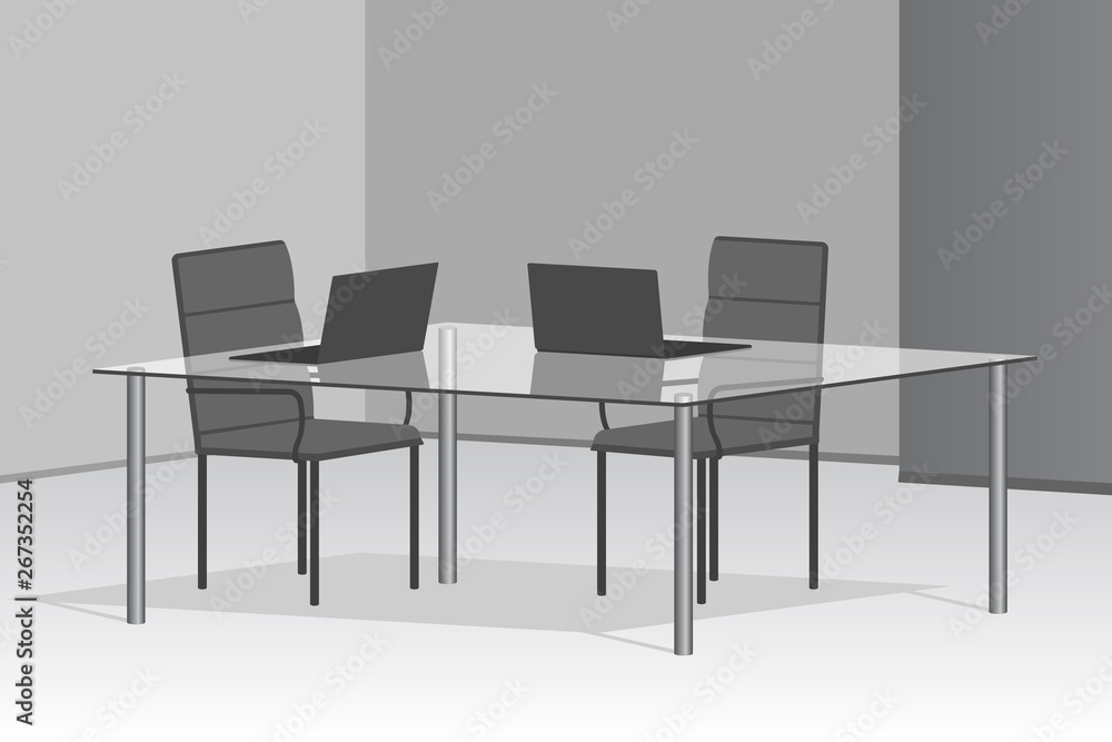 Minimalistic office interior with glass desk. Vector illustration.