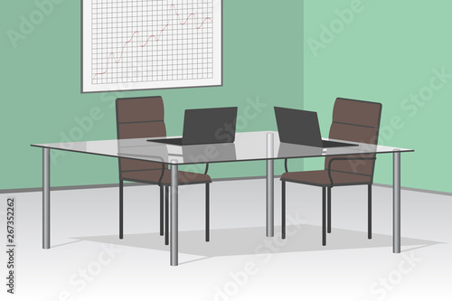 Boardroom interior with glass desk. Vector illustration.