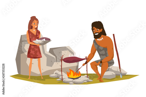 Stone age people frying meat vector illustration.