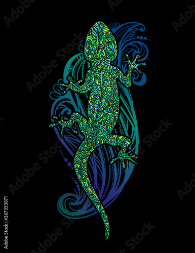 Ornate golden lizard decorated ethnic ornaments and sumptuous patterns with a mandala and silver waves on a black background. For tattoo, embossing, printing on fabric, design of T-shirts