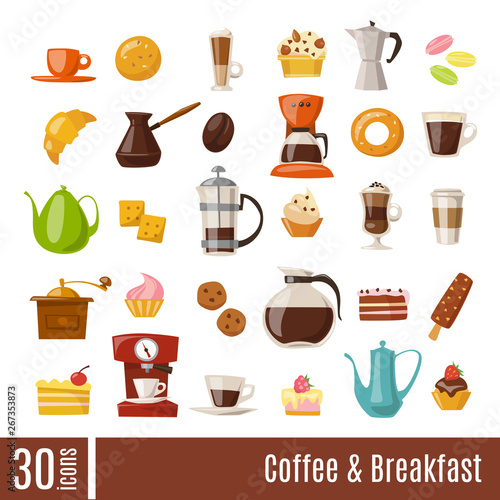 Vector set with coffee and sweets food elements.