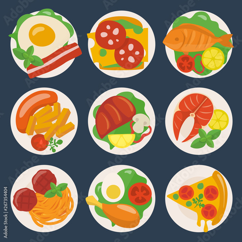 Vector food icons big set with meat and fish dishes