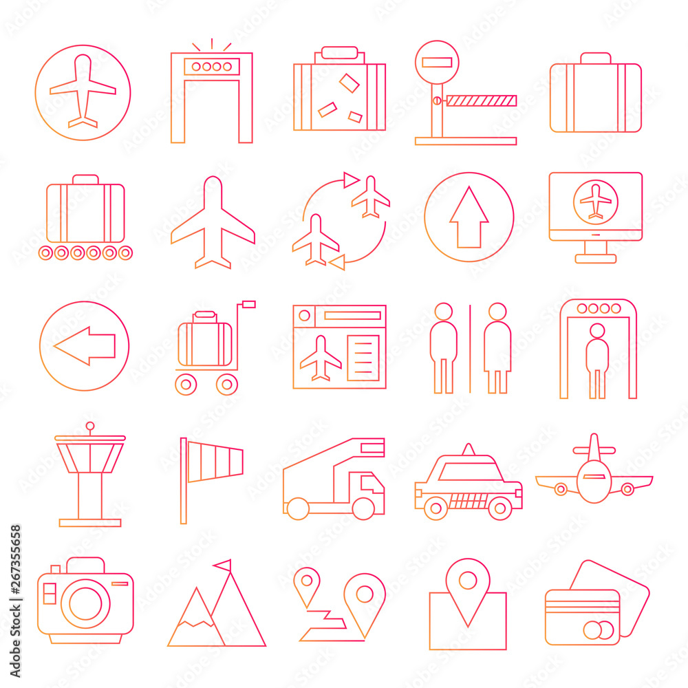 airport and universal sign, icons red line design airport and universal sign, icons red line design