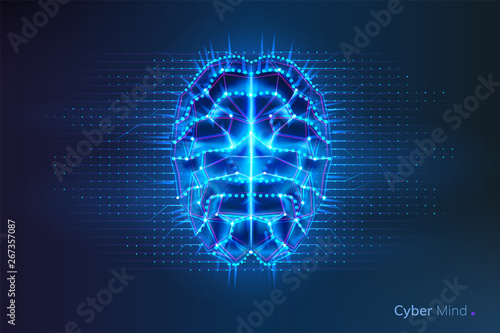 Robot or cyber brain with geometry lines and dots. Circuit board on human or artificial intelligence digital mind, polygonal neural network on glowing cyberbrain. Future technology concept photo