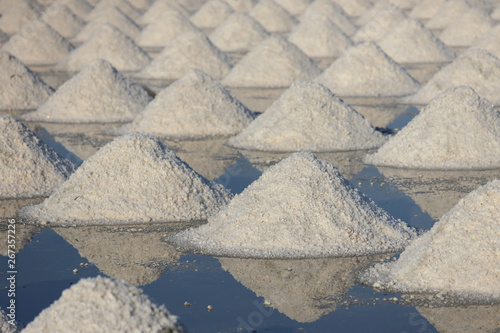 Sea salt in salt farm ready for harvest at Ban Laem, Phetchaburi Province, Thailand