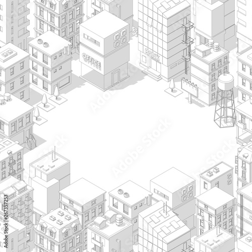 Isometric city buildings frame. Top view. Gray lines outline contour style. Background real estate. Vector illustration. Copy space for text place. For rent.