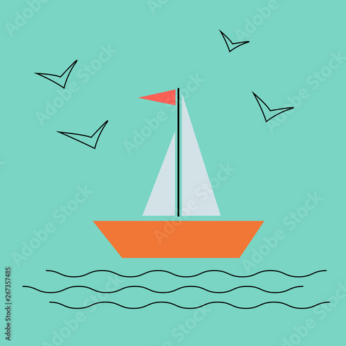 Ship icon on blue background for graphic and web design. Simple vector drawing. Internet concept symbol for website or mobile app. sailing ship with waves and gulls