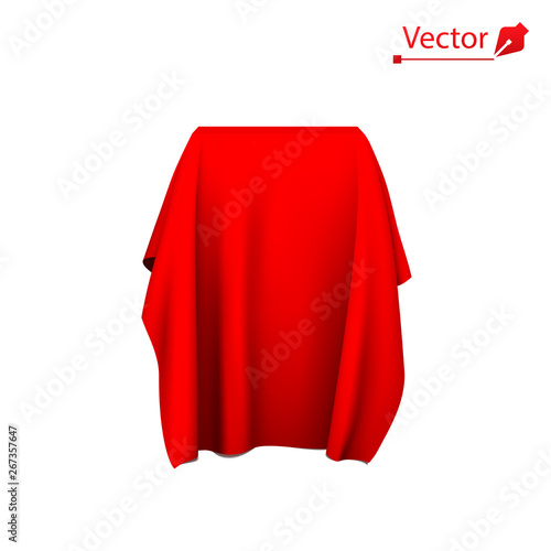 Box covered with red fabric. Surprise, award, prize, presentation concept. Reveal a hidden object. Raise the curtain. 