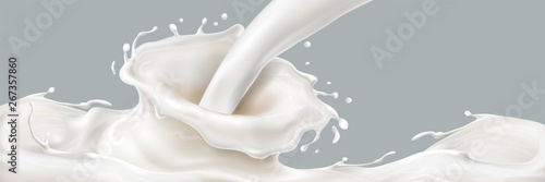Pouring milk with 3d spatters or falling yogurt with realistic splash, motion of kefir liquid or flow of creamy beverage, fluid dash or milky wave. Dairy and natural, organic healthy beverage theme