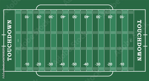 American football field with marking. Football field in top view with white markup