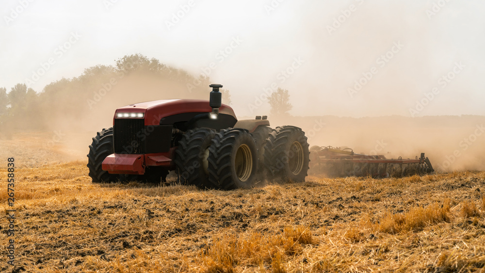 Fototapeta premium Autonomous tractor working on the field. Smart farming 
