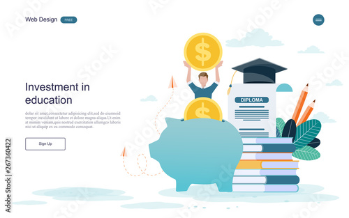 Flat  design website banner of investment in knowledge, student loans, scholarships.money,savings for study.Vector illustration. 